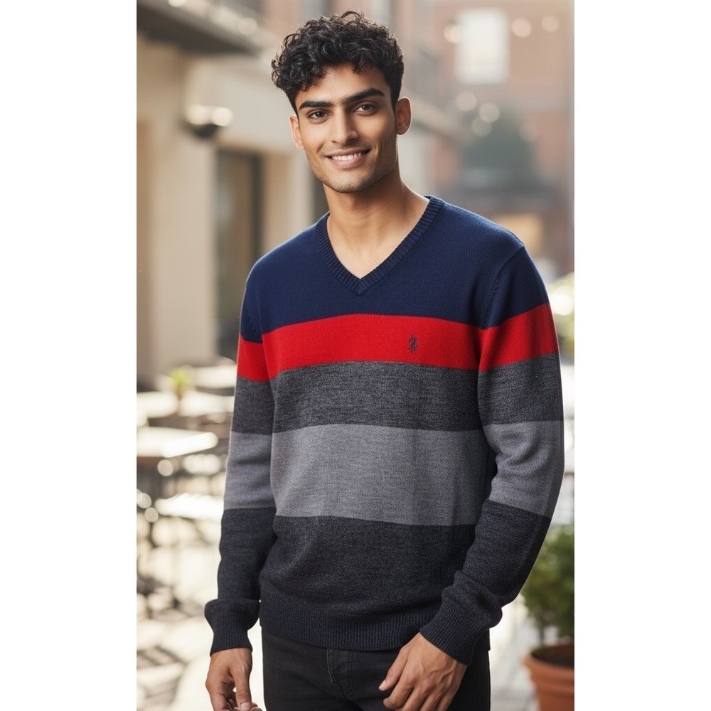 US Polo Assn. Men's M‎ Pullover Sweater V-neck Blue Red Gray Striped Lightweight